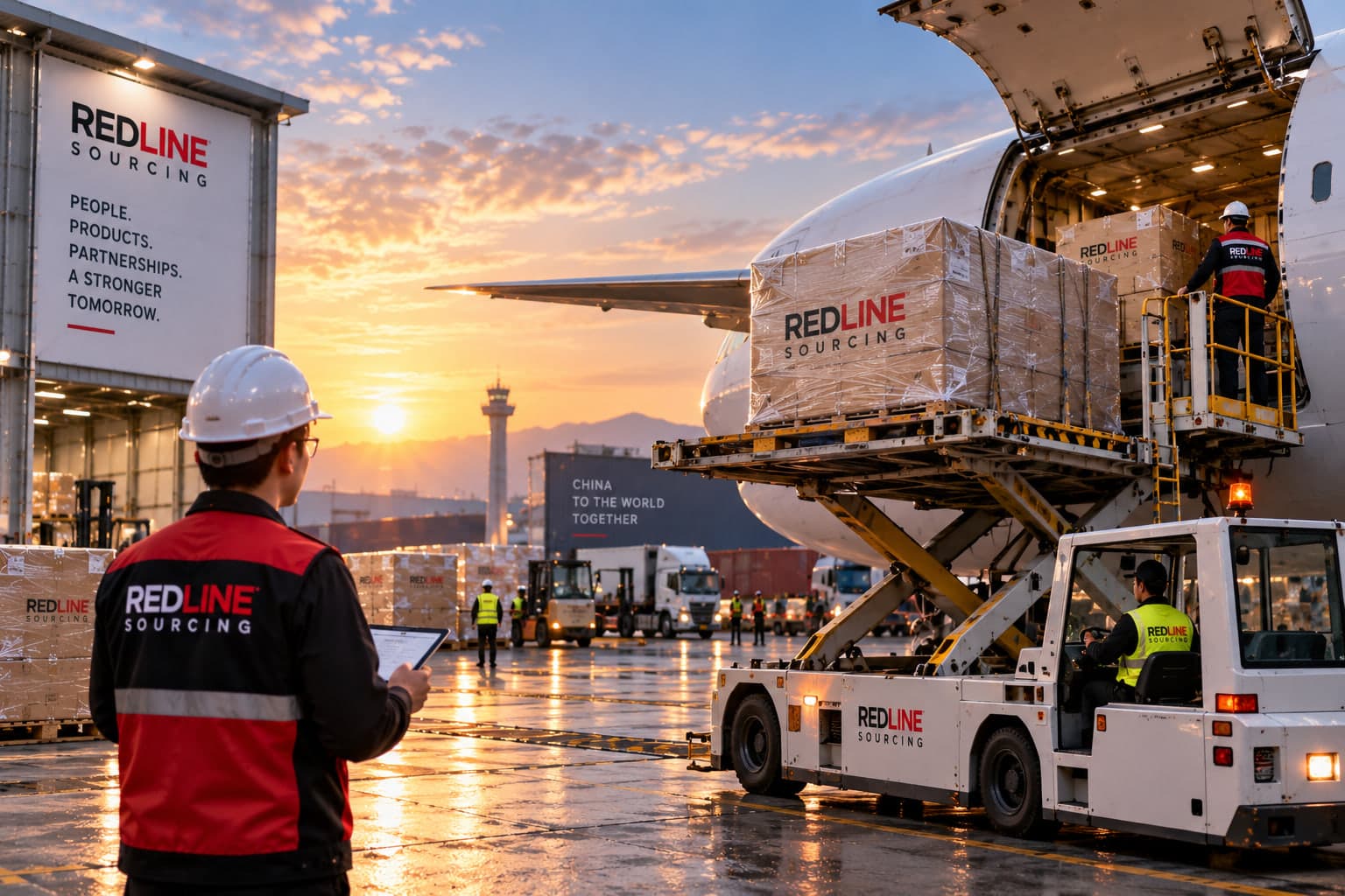 Cargo being loaded into an aircraft at sunset