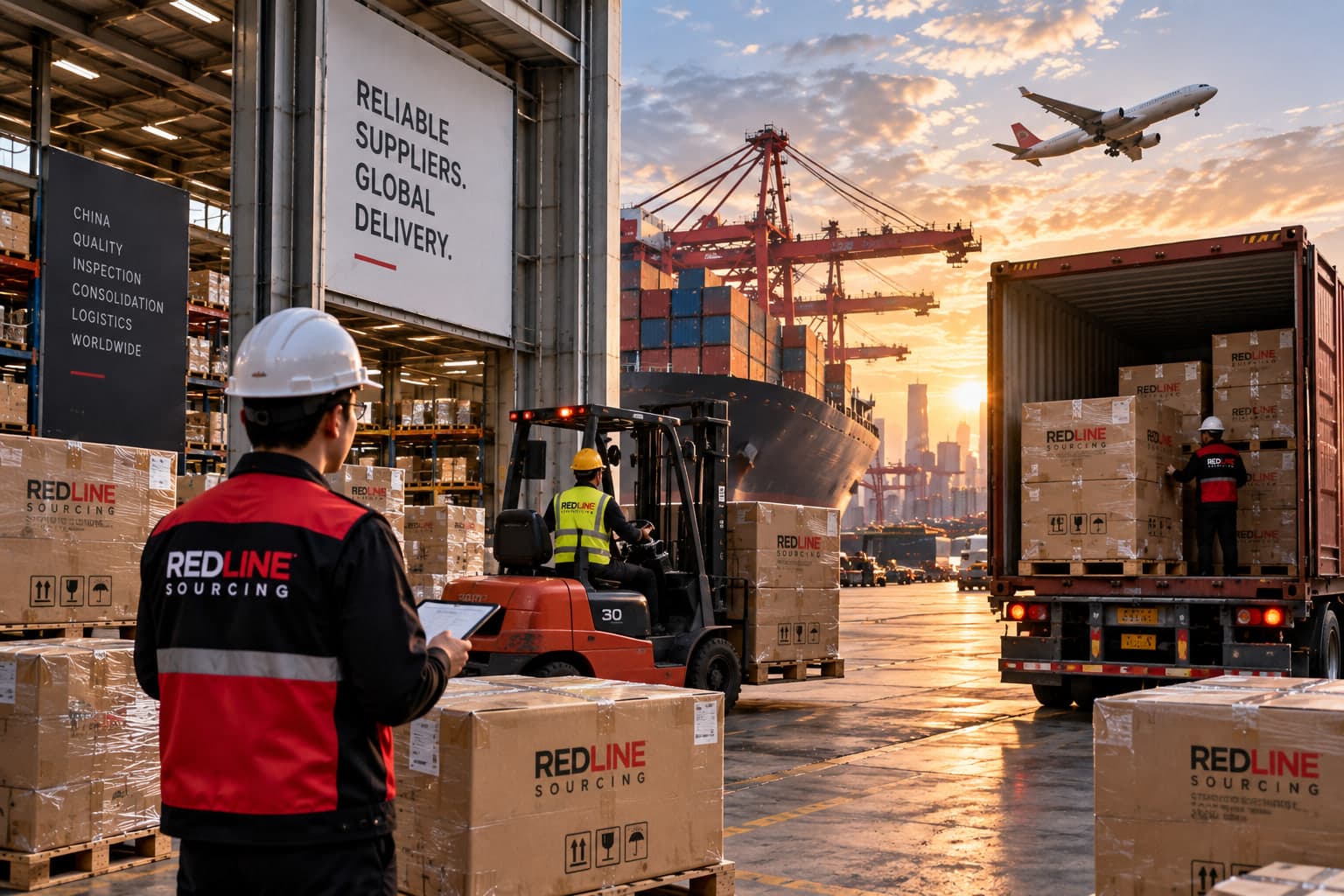 Forklift loading cartons into a truck at a warehouse dock