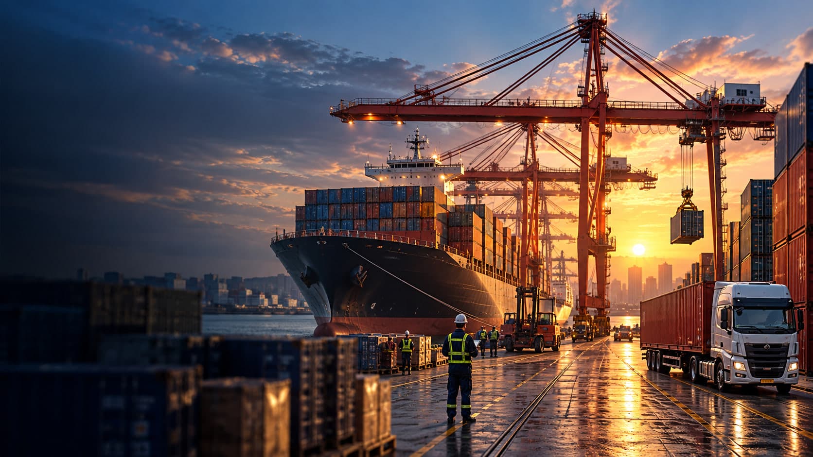 Container ship under gantry cranes at a port at dusk, trucks waiting on the quay