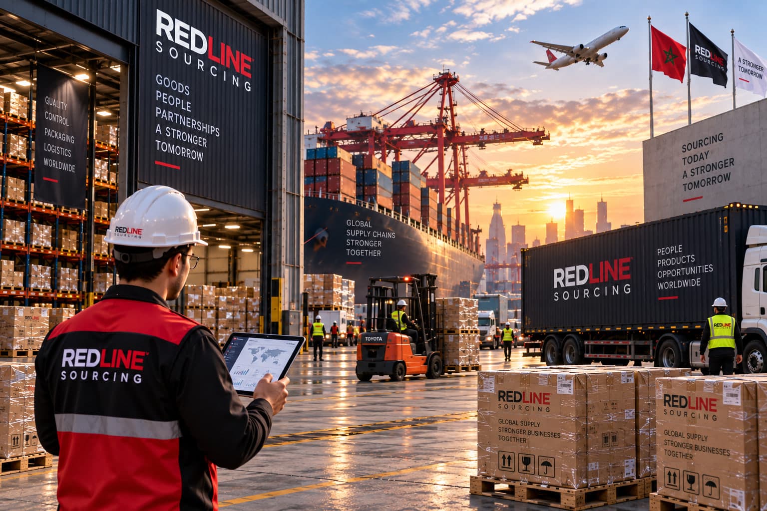 Coordinator with a tablet in front of stacked containers and cranes