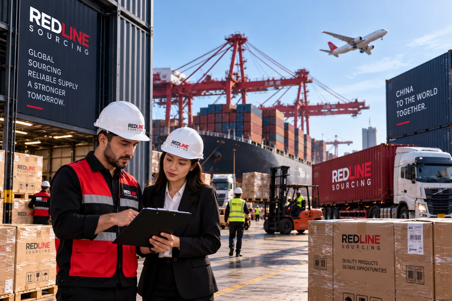 Container terminal with a cargo aircraft overhead and trucks on the quay