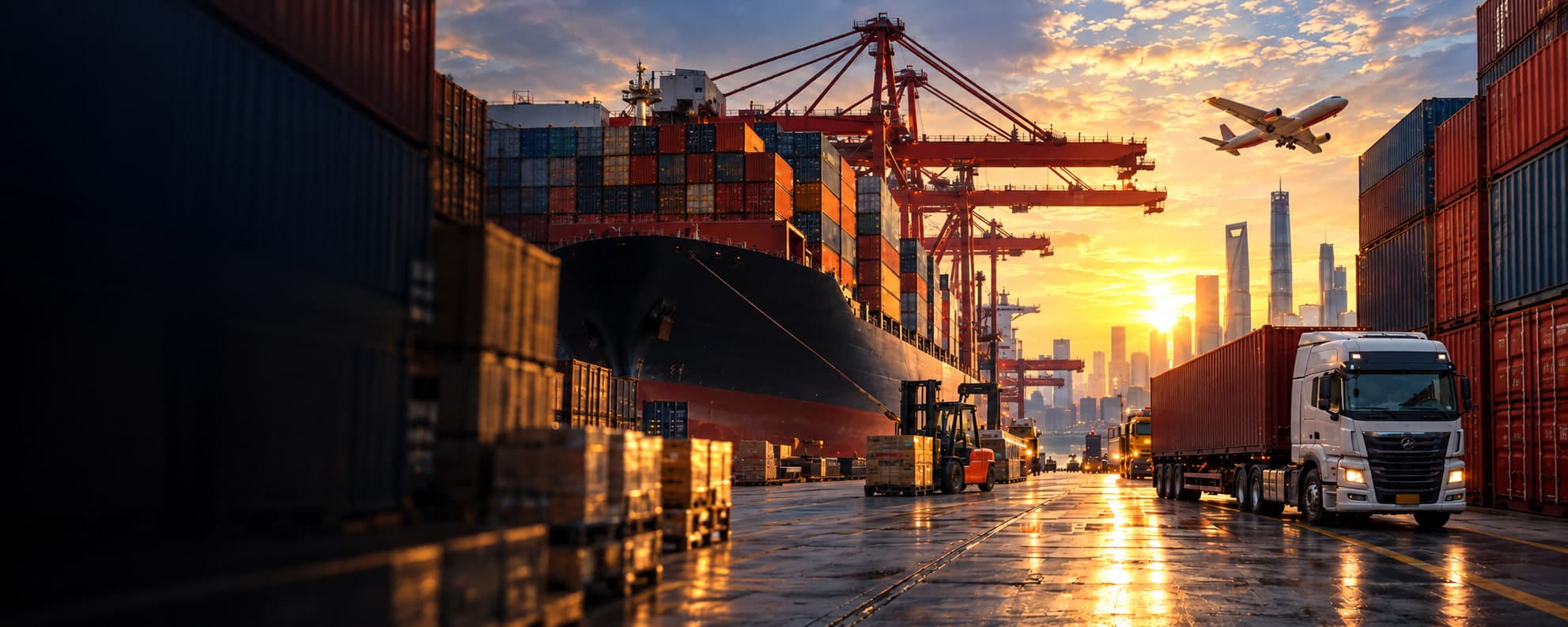 Ultra-wide view of a container port at sunset with a truck leaving the terminal