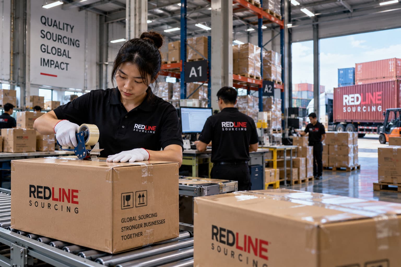 Warehouse worker sealing a branded carton before dispatch